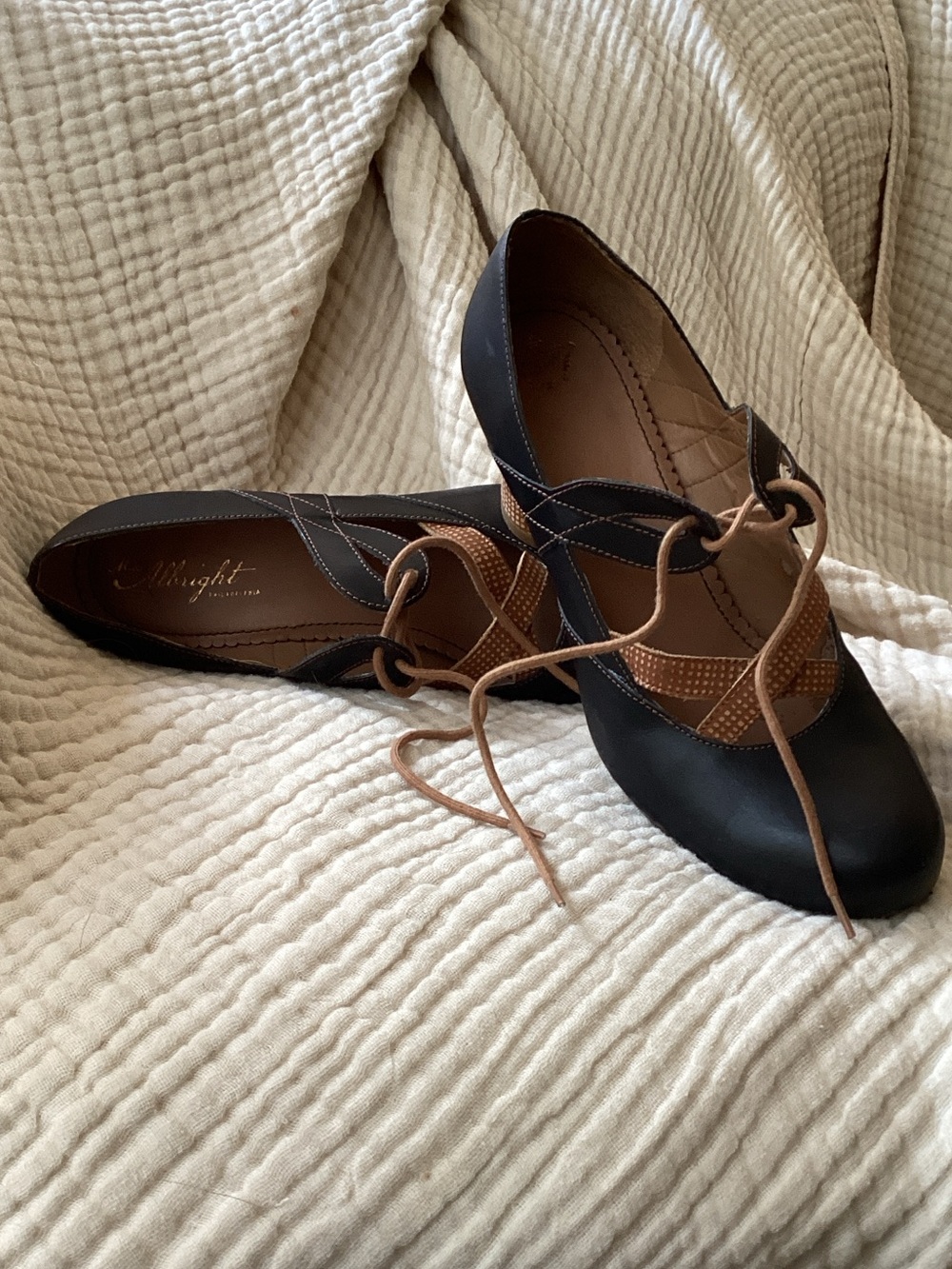 Miss Albright Black and Tan Lace-Up Heeled Flats